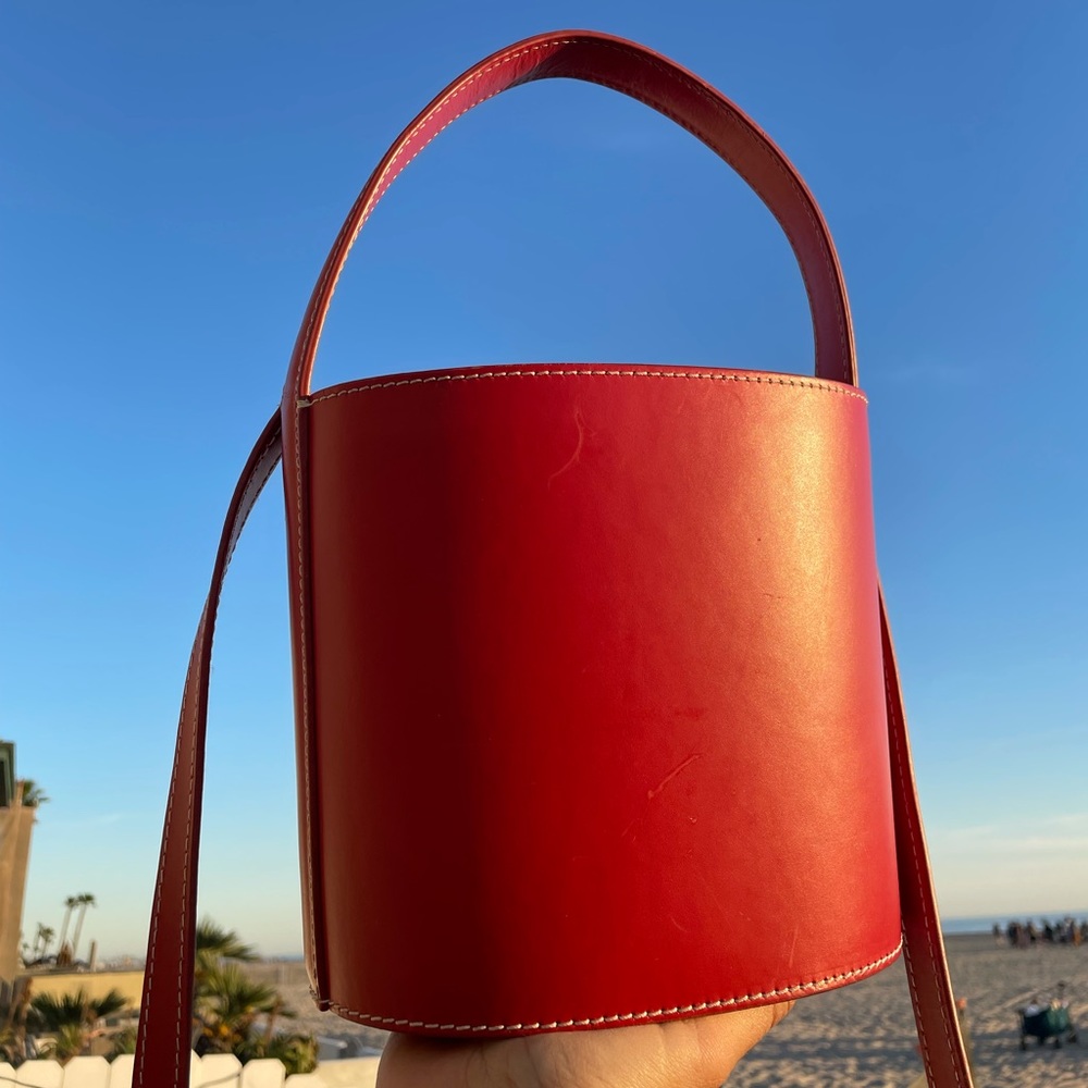 COPY - STAUD LEATHER BISSET BUCKET BAG | red leather with detachable strap